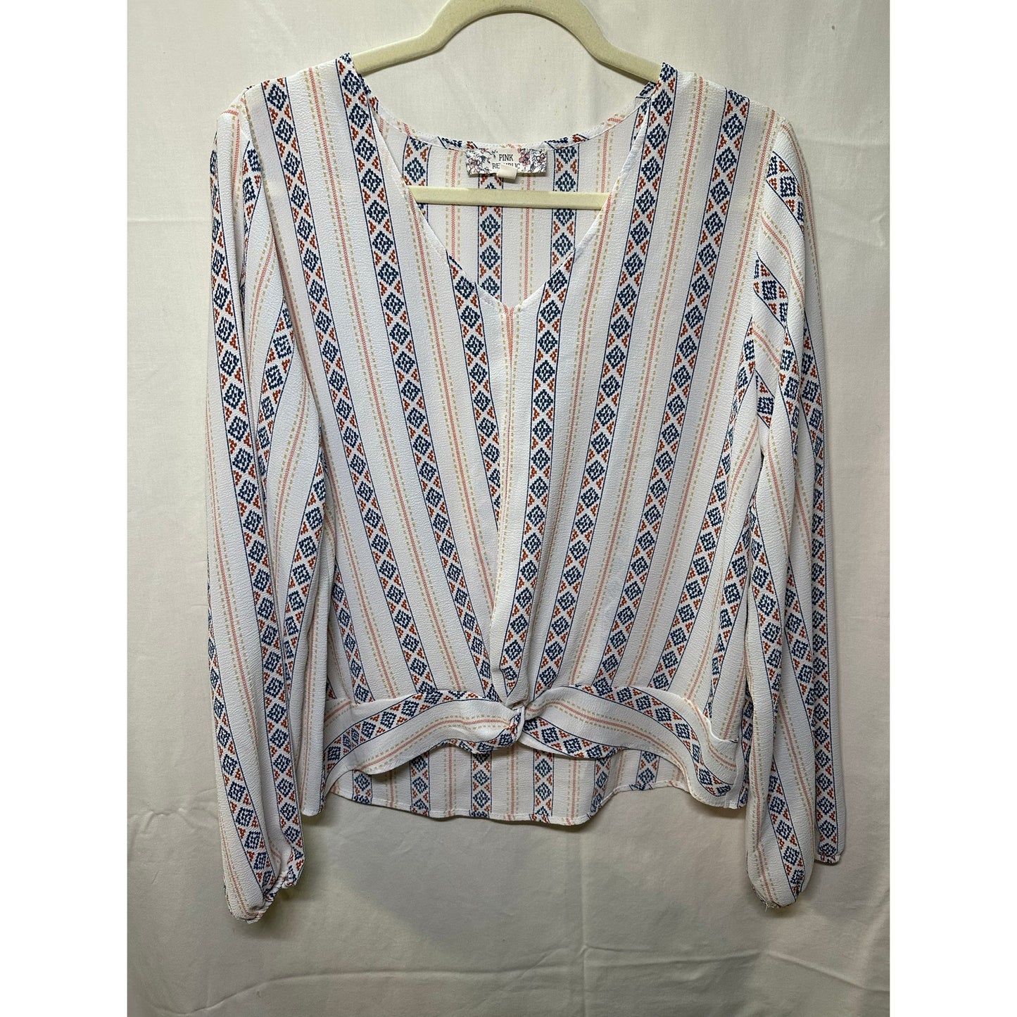 Pink Republic Ivory Boho Striped Blouse with Front Knot - Size Large