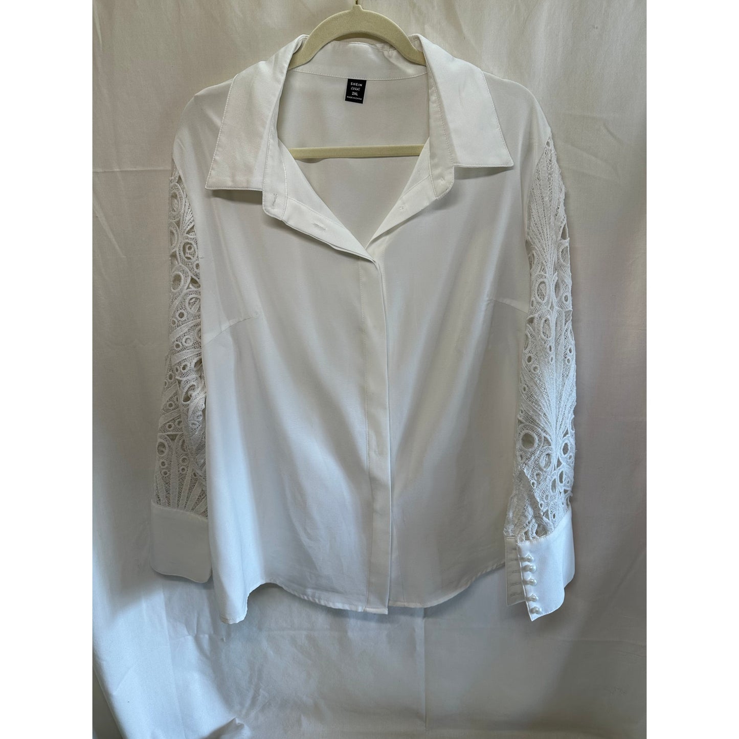 SHEIN Curve White Button-Up Blouse with Lace Sleeves - Size 2XL