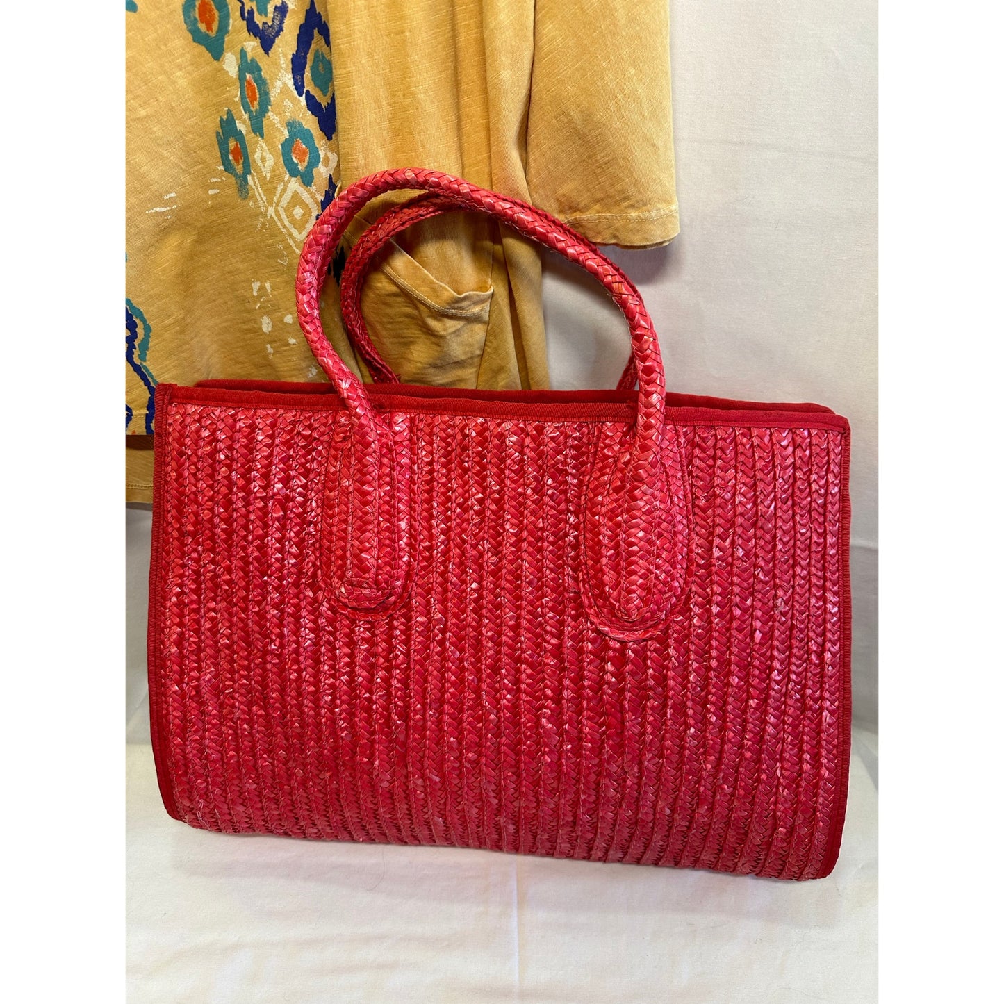 Red Woven Straw Tote Bag - Large - 16.5" x 13"