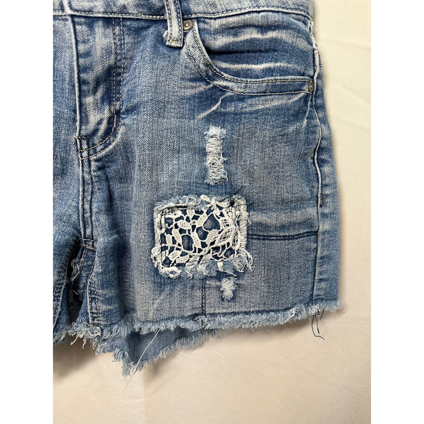 Cato Premium Distressed Denim Shorts with Lace Accents - 12