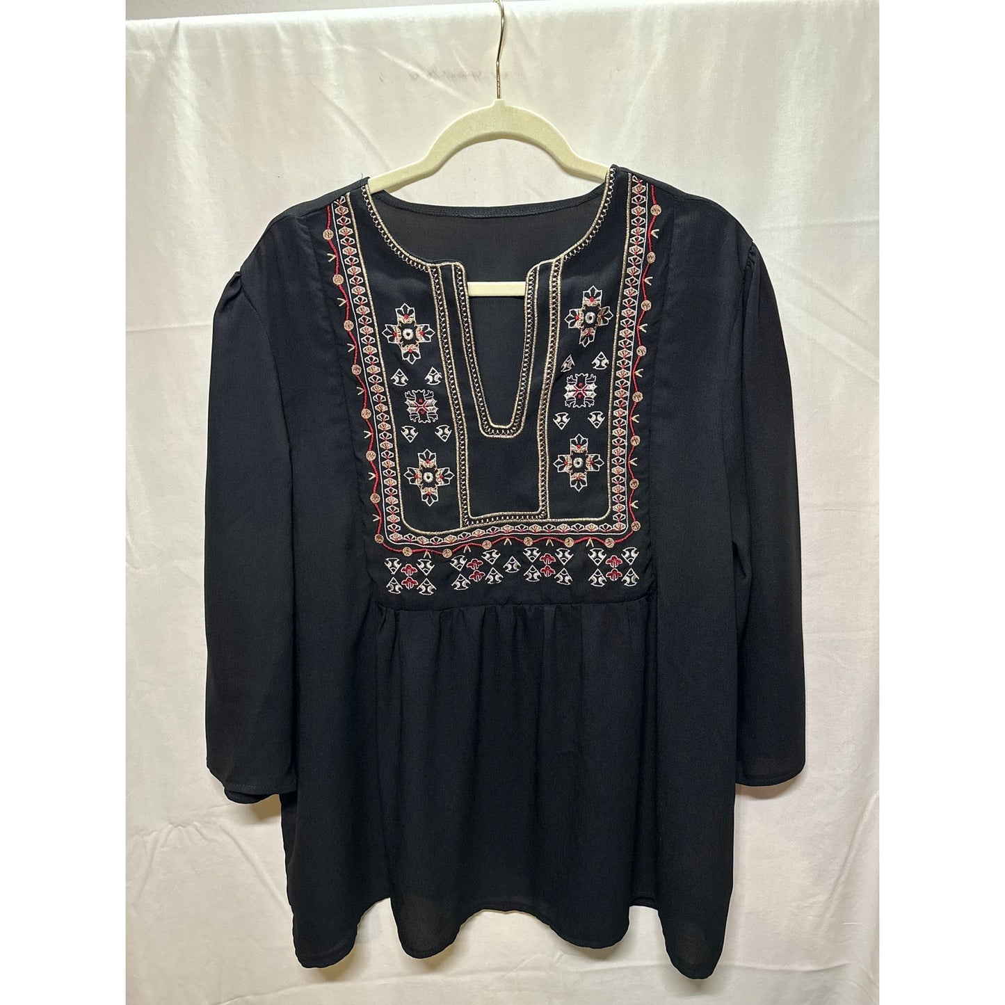 Black Embroidered Boho Tunic Top - Size XL