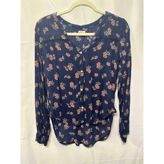 Hollister Navy Blue Floral Button-Up Blouse - Size Small