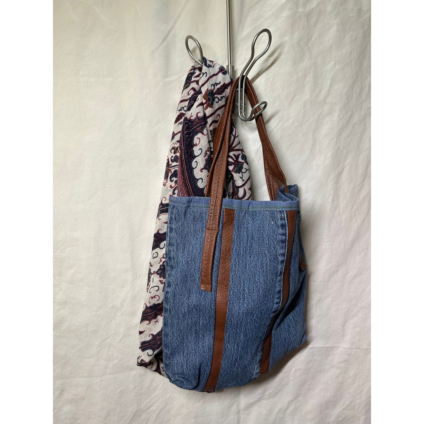 Handmade Denim Tote Bag with Faux Leather Straps