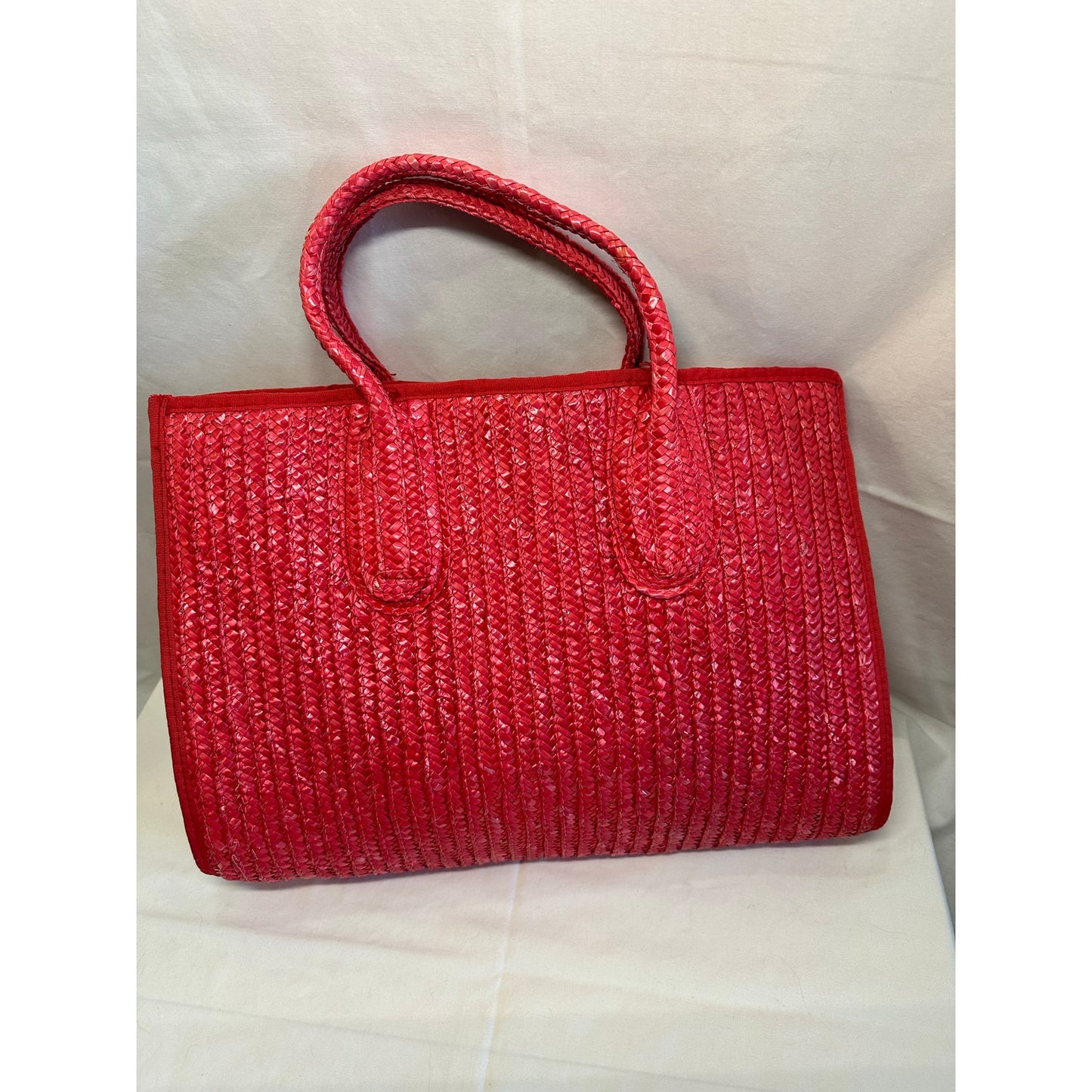 Red Woven Straw Tote Bag - Large - 16.5" x 13"