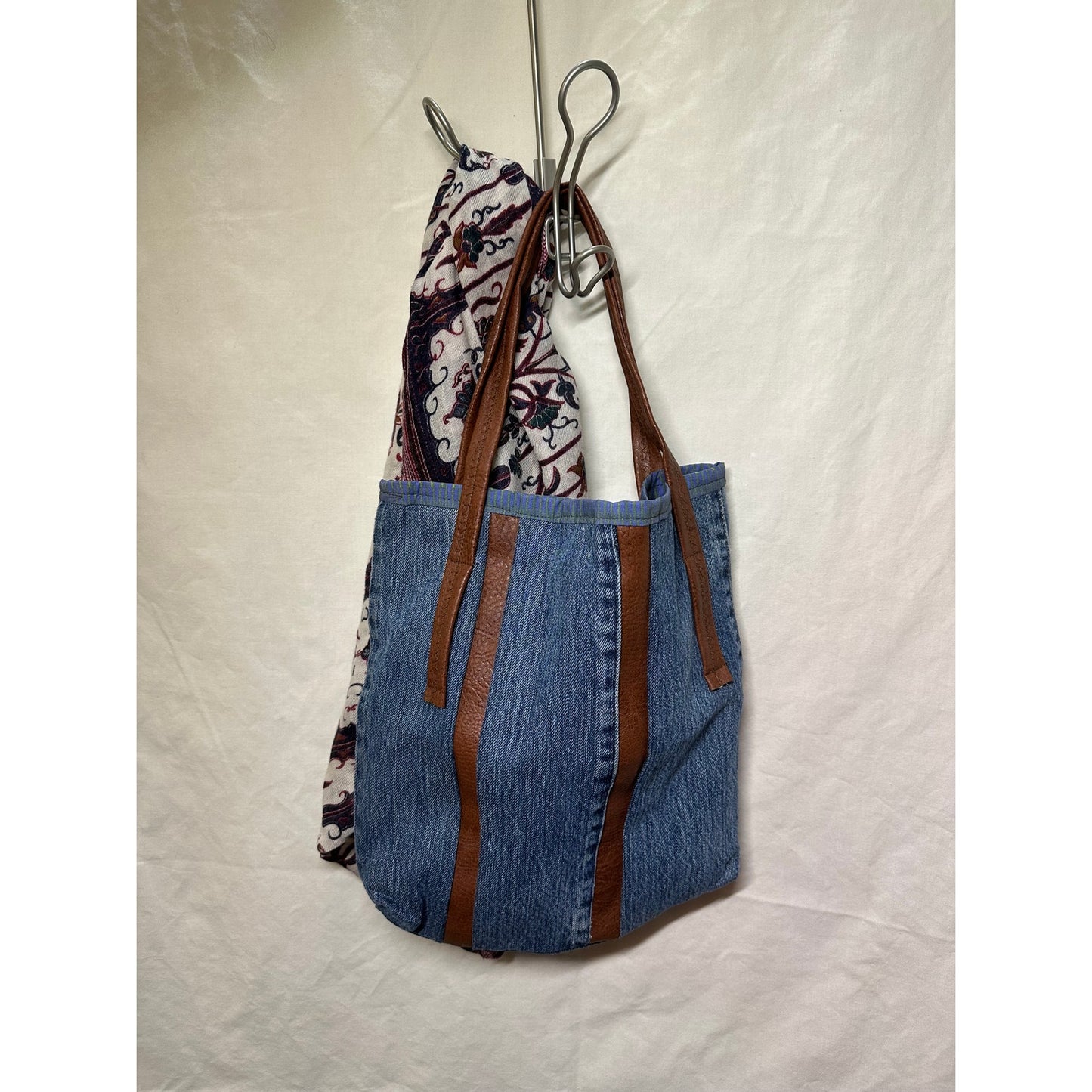 Handmade Denim Tote Bag with Faux Leather Straps