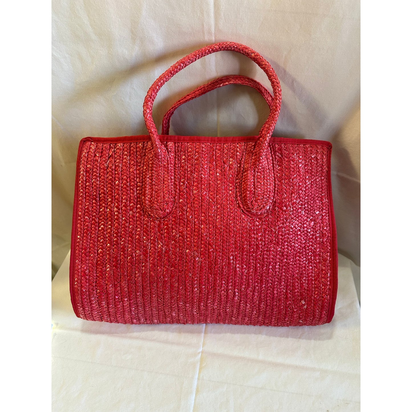 Red Woven Straw Tote Bag - Large - 16.5" x 13"